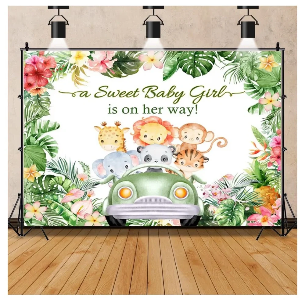 A Sweet Baby Girl is on the Way, # 4 , 12x8ft Backdrop Safari Animal Party Baby